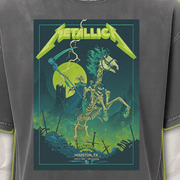 Metallica Acid Wash Tee – M72 Tour Houston 2025 – Grim Skeleton Rider Neon Art – NRG Stadium Concert Shirt