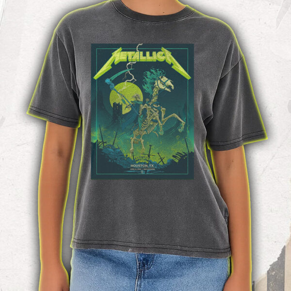 Metallica Acid Wash Tee – M72 Tour Houston 2025 – Grim Skeleton Rider Neon Art – NRG Stadium Concert Shirt
