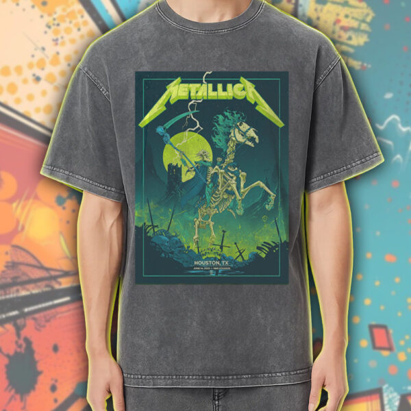 Metallica Acid Wash Tee – M72 Tour Houston 2025 – Grim Skeleton Rider Neon Art – NRG Stadium Concert Shirt