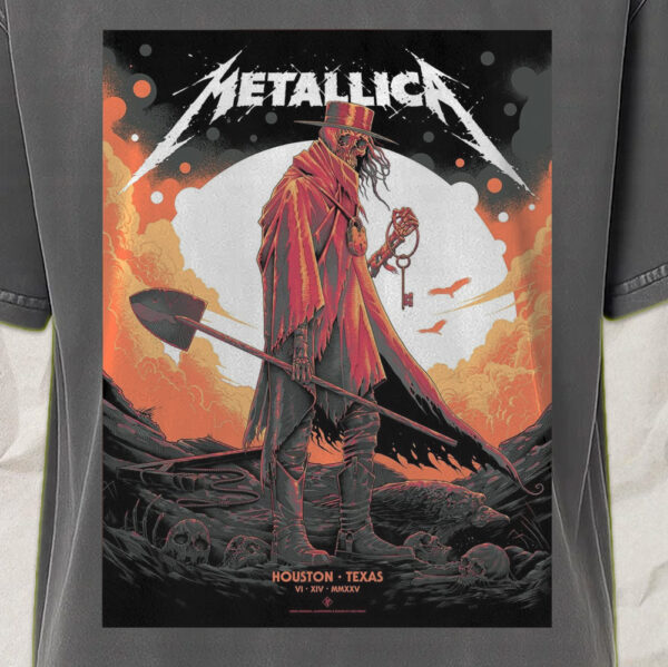 Metallica Acid Wash Tee – M72 World Tour 2025 – Houston, Texas – Skeleton Reaper Design – June 14 – Concert Art - Image 3