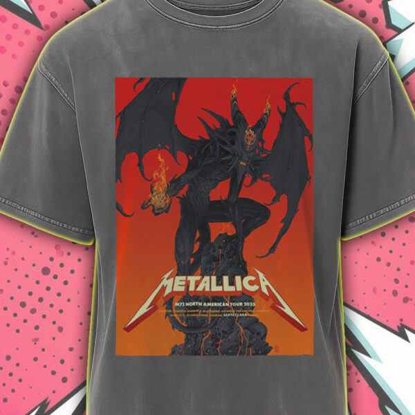Metallica Acid Wash Tee – North America 2025 Tour – Demon in Flames Skull Rock Design – Vintage Style Shirt – T-Shirt & Hoodie - Image 2