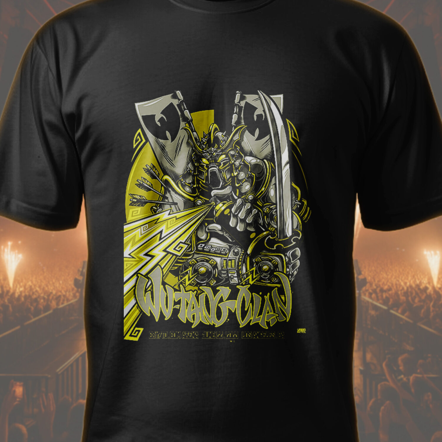 Official Wu-Tang Clan Concert T-Shirt – Bold Yellow Samurai Artwork on Black - Image 2
