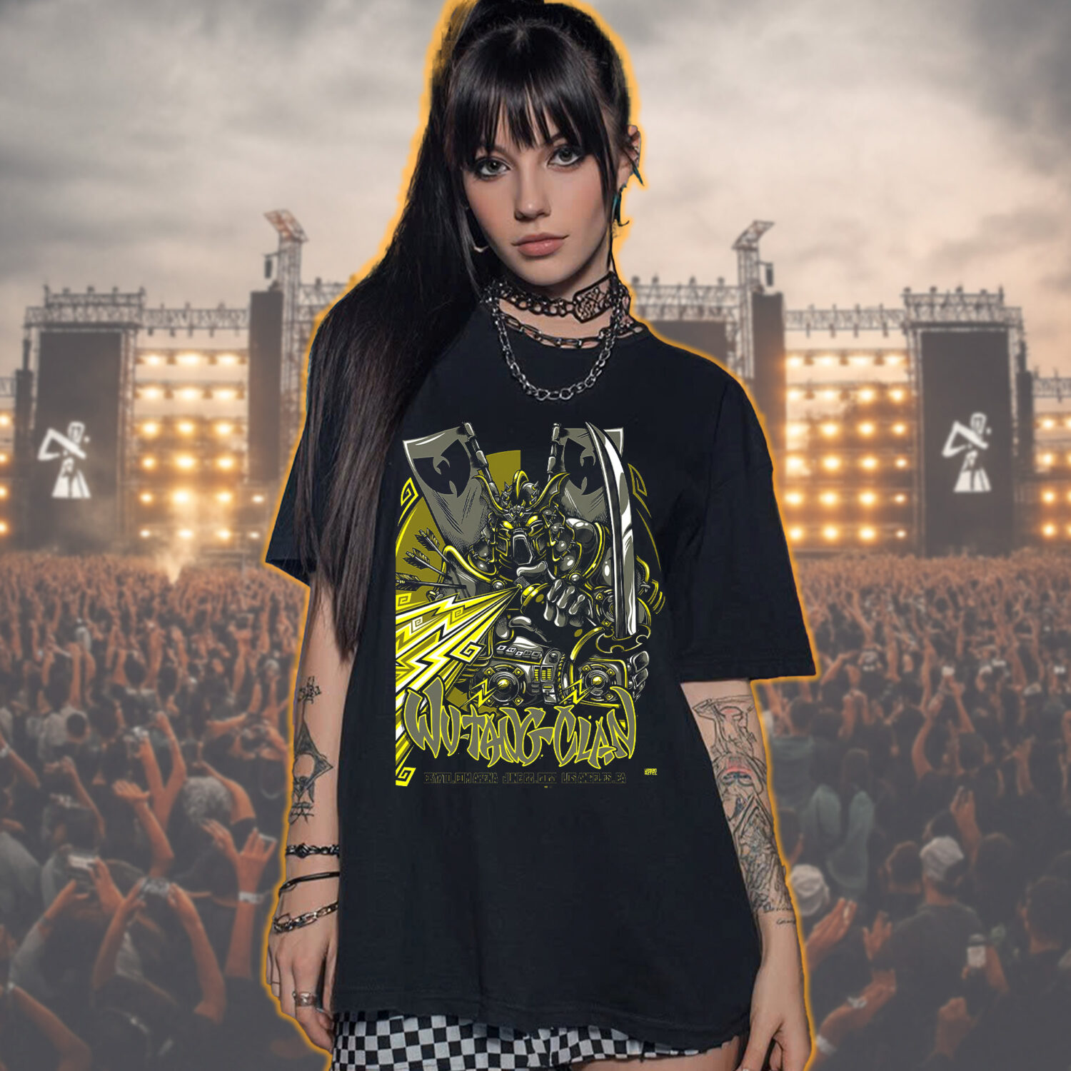 Official Wu-Tang Clan Concert T-Shirt – Bold Yellow Samurai Artwork on Black - Image 3
