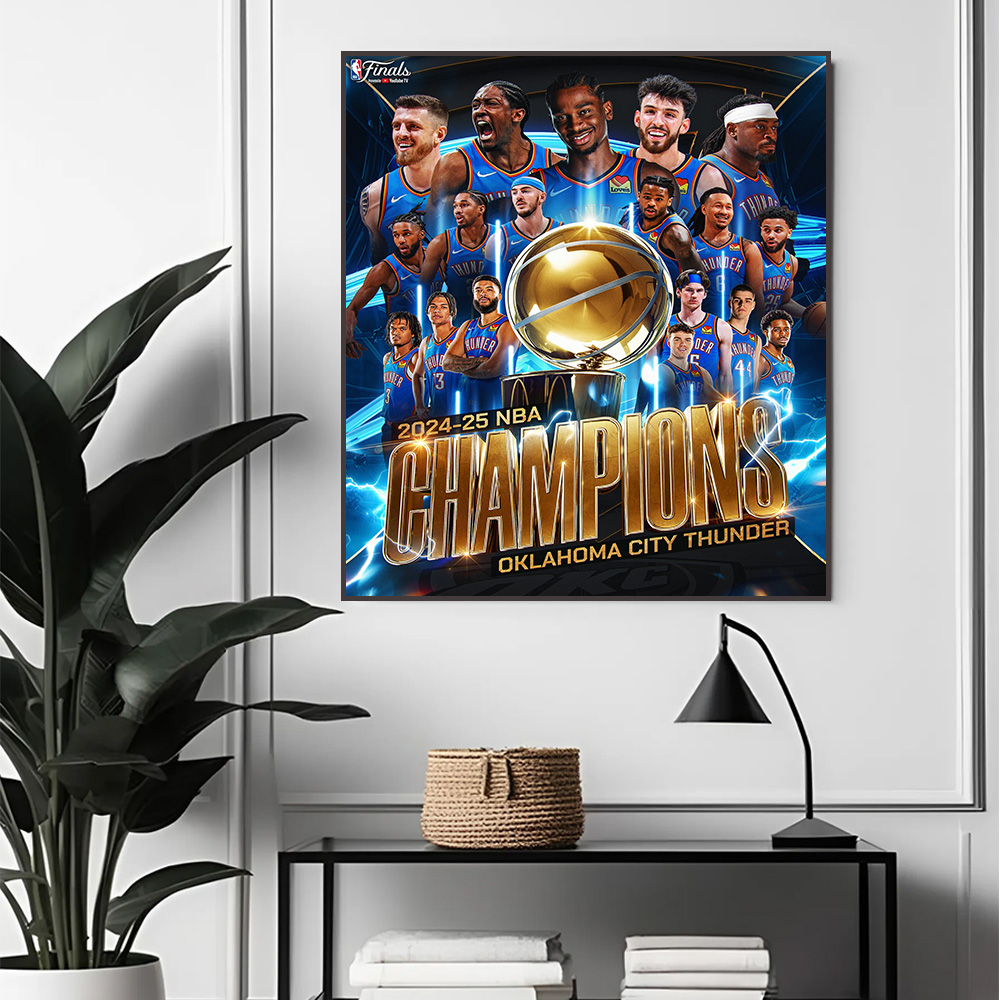 Oklahoma City Thunder NBA Champions 2025 Poster Canvas – Golden Trophy Edition