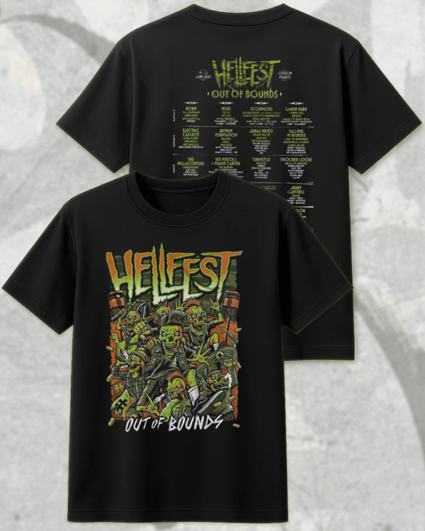 Hellfest 2025 Out Of Bounds Warzone Zombie Lineup T-Shirt, Hoodie, Long Sleeve, Sweatshirt & Tank Top – Two-Sided Festival Merch (Clisson, France | June 19–22) - Image 7