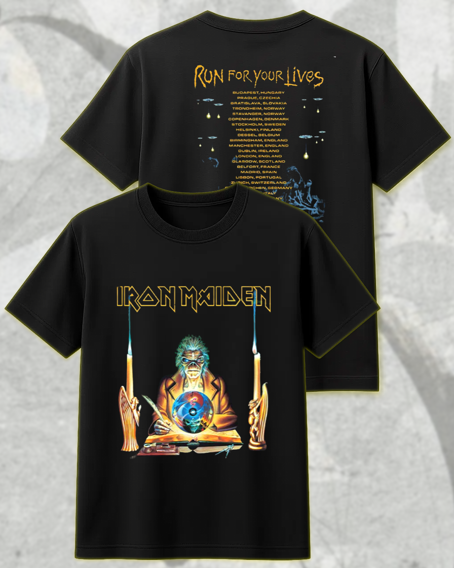 Iron Maiden Run For Your Lives 2025 Shirt or Hoodie – Seventh Son Retro Clairvoyant Tour Dates Two-Sided Merch