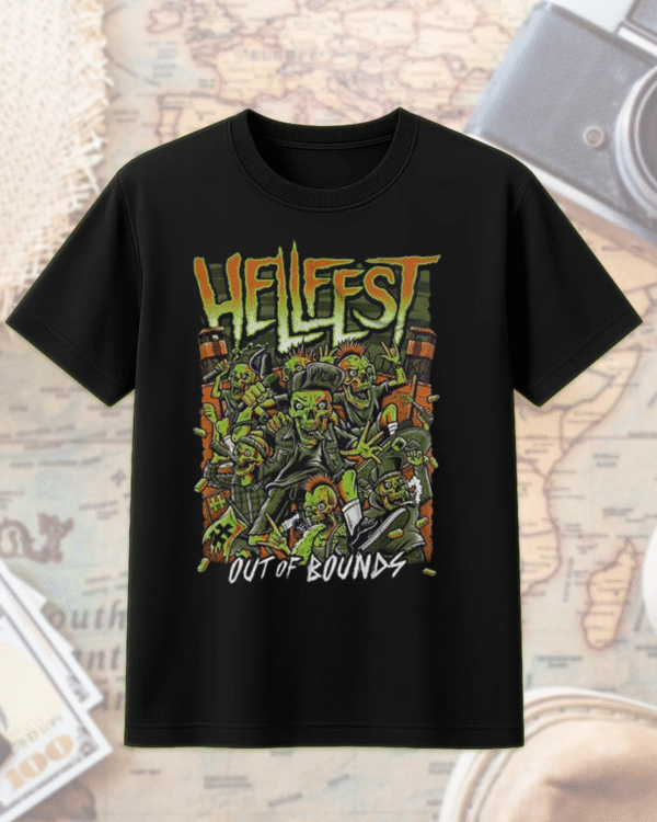 Hellfest 2025 Out Of Bounds Warzone Zombie Lineup T-Shirt, Hoodie, Long Sleeve, Sweatshirt & Tank Top – Two-Sided Festival Merch (Clisson, France | June 19–22) - Image 8