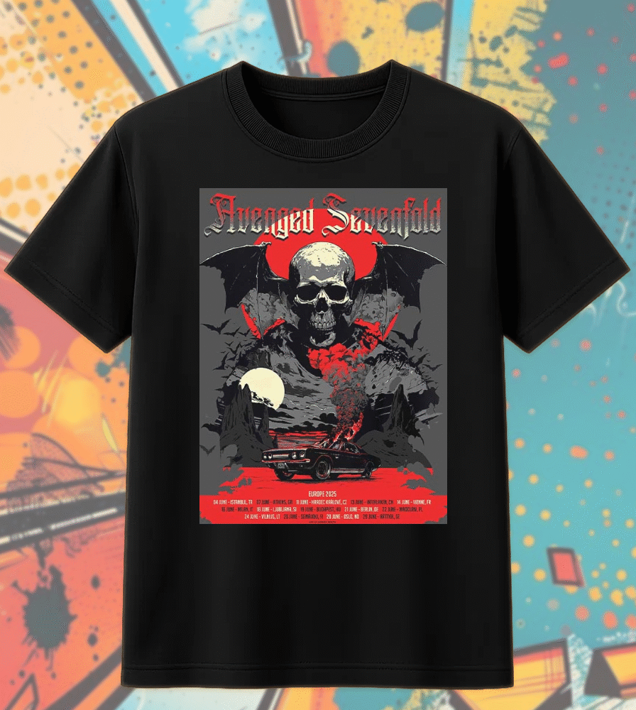 Avenged Sevenfold Europe Tour 2025 Shirt or Hoodie – Burning Car Poster Art with Summer Tour Dates