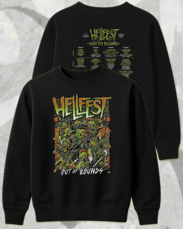 Hellfest 2025 Out Of Bounds Warzone Zombie Lineup T-Shirt, Hoodie, Long Sleeve, Sweatshirt & Tank Top – Two-Sided Festival Merch (Clisson, France | June 19–22)