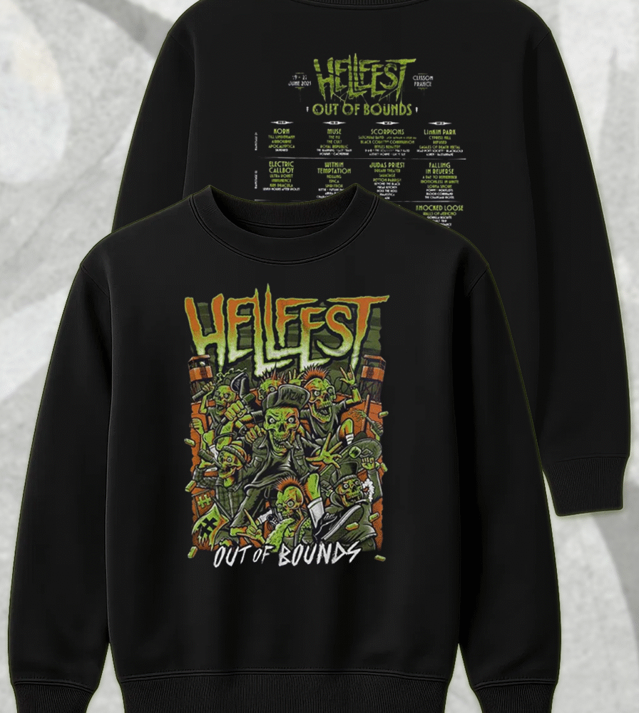 Hellfest 2025 Out Of Bounds Warzone Zombie Lineup T-Shirt, Hoodie, Long Sleeve, Sweatshirt & Tank Top – Two-Sided Festival Merch (Clisson, France | June 19–22)