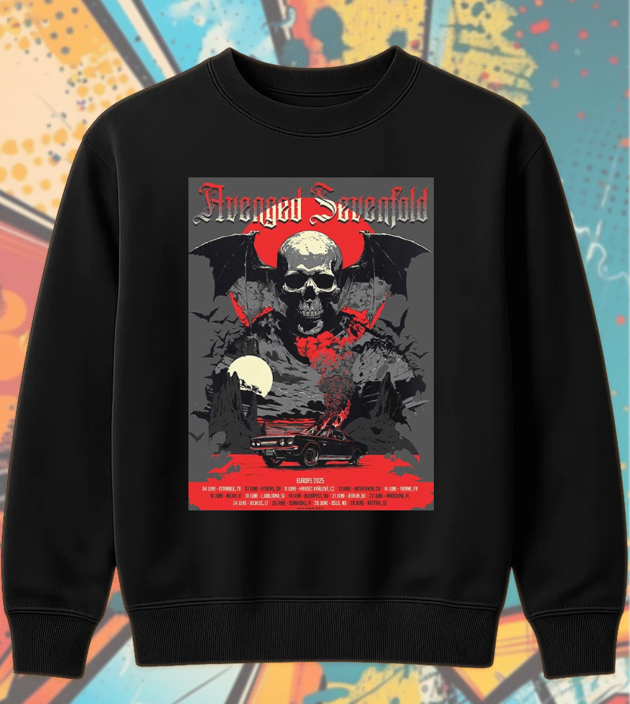 Avenged Sevenfold Europe Tour 2025 Shirt or Hoodie – Burning Car Poster Art with Summer Tour Dates