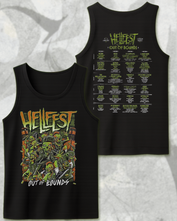 Hellfest 2025 Out Of Bounds Warzone Zombie Lineup T-Shirt, Hoodie, Long Sleeve, Sweatshirt & Tank Top – Two-Sided Festival Merch (Clisson, France | June 19–22) - Image 11
