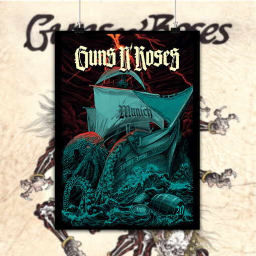 Guns N’ Roses Concert Poster – Because What You Want Tour – June 20, 2025 – Munich, Germany – Allianz Arena – Kraken Ship Storm Artwork – Canvas Wall Art