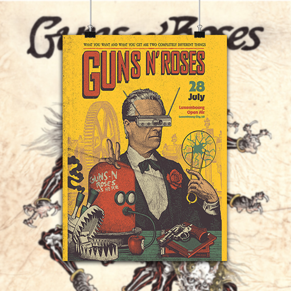Guns N’ Roses Concert Poster – July 28, 2025 – Luxembourg City, LU – Luxembourg Open Air – Retro Surrealist Sci-Fi Artwork – Canvas Wall Art