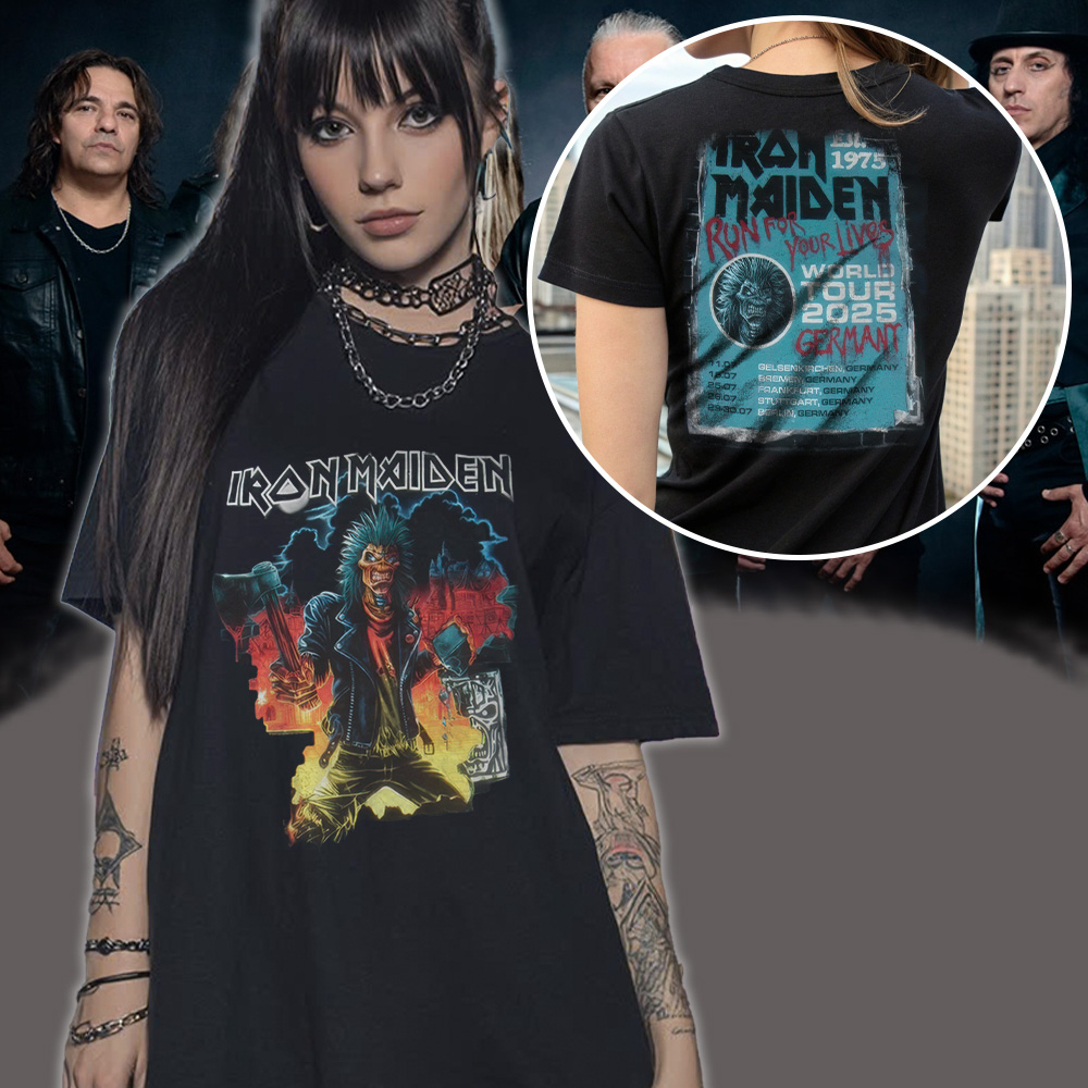 Iron Maiden Run For Your Lives World Tour 2025 – July 11–30 – Germany Tour (Gelsenkirchen, Bremen, Frankfurt, Stuttgart, Berlin) – Eddie Axe Artwork – Two-Sided Unisex T-Shirt - Image 4