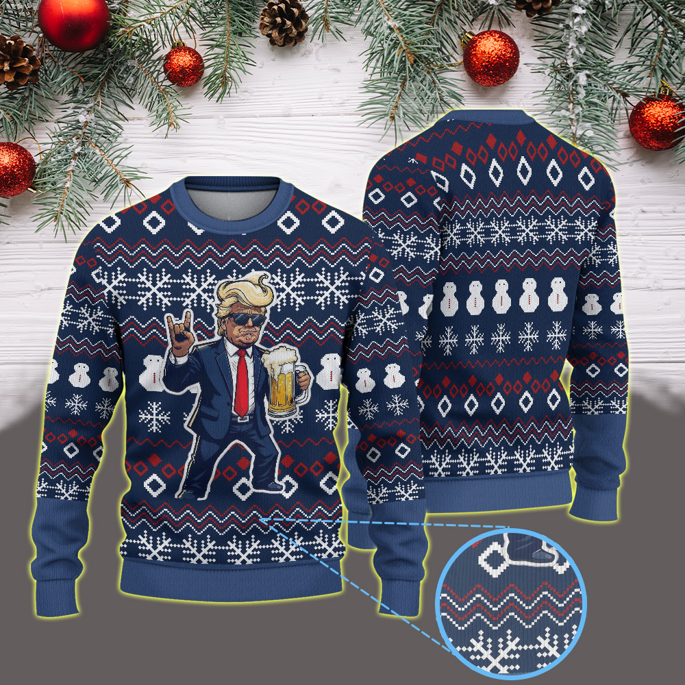 Donald Trump Beer Cheers Ugly Christmas Sweater – Funny Rock On Holiday Party Pullover