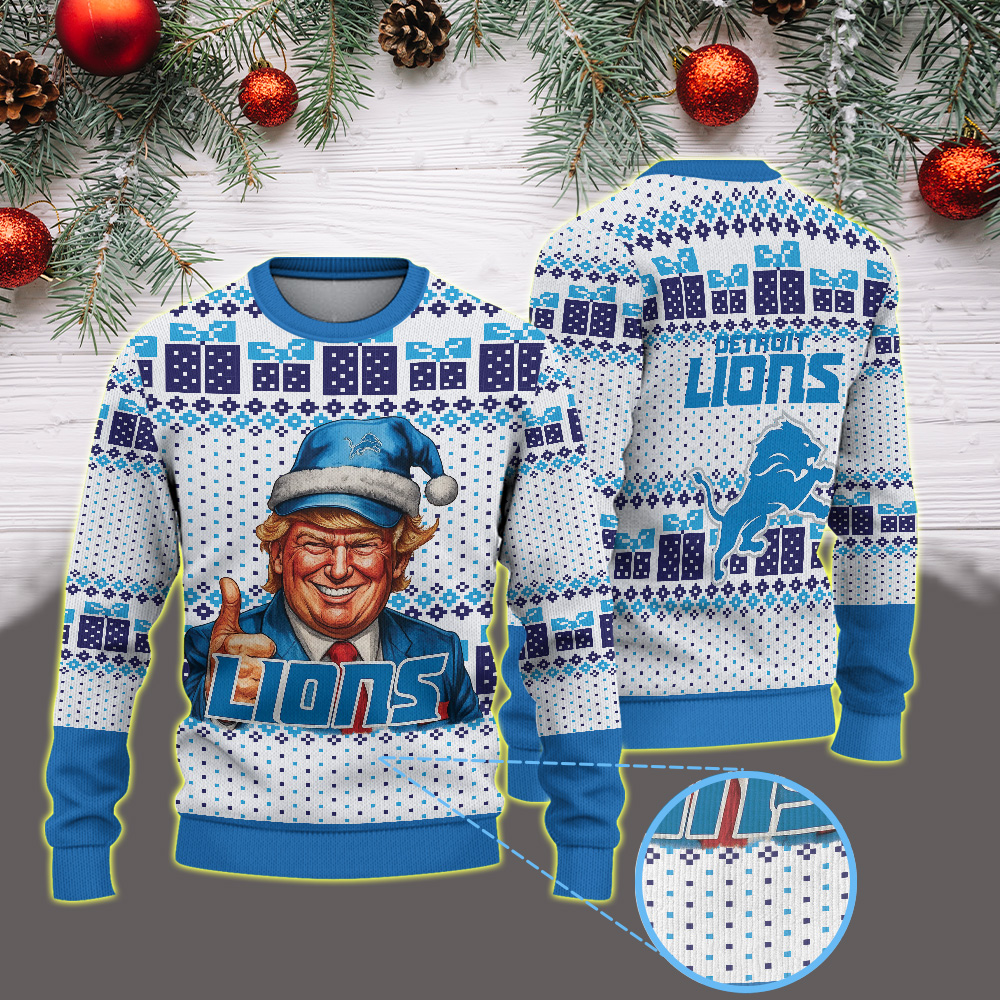 Donald Trump Detroit Lions Ugly Christmas Sweater – Funny NFL Xmas Pullover for Lions Fans