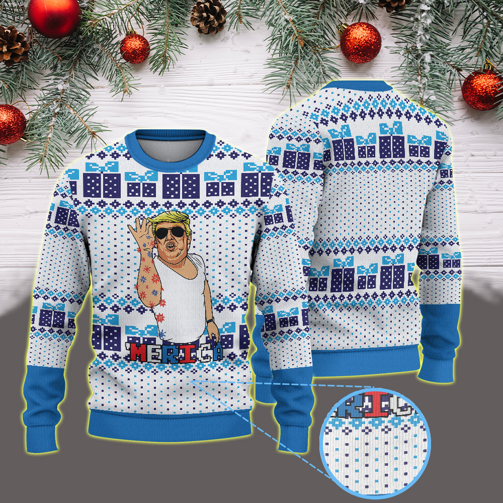 Donald Trump Ugly Christmas Sweater – ‘Merica Salt Bae Parody – Funny Patriotic Holiday Pullover