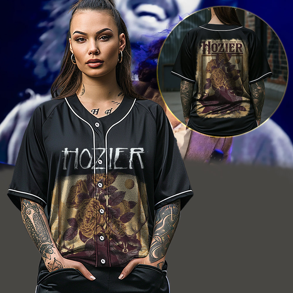 Hozier 2025 Baseball Jersey – June 8 New York, NY – Antlered Creatures & Golden Roses Vintage Art - Image 4