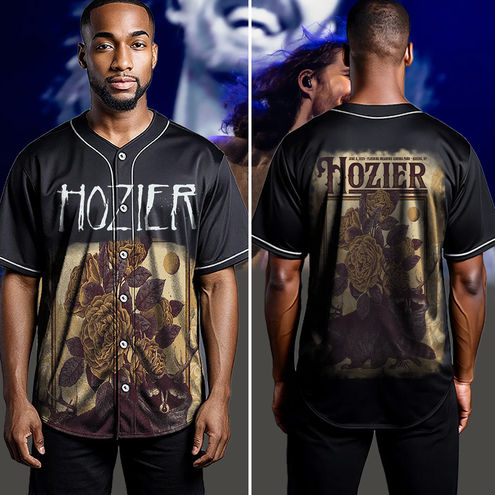 Hozier 2025 Baseball Jersey – June 8 New York, NY – Antlered Creatures & Golden Roses Vintage Art - Image 5