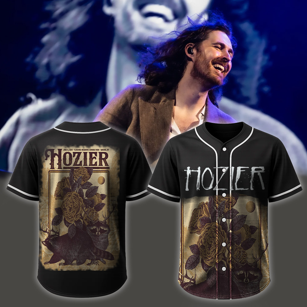 Hozier 2025 Baseball Jersey – June 8 New York, NY – Antlered Creatures & Golden Roses Vintage Art