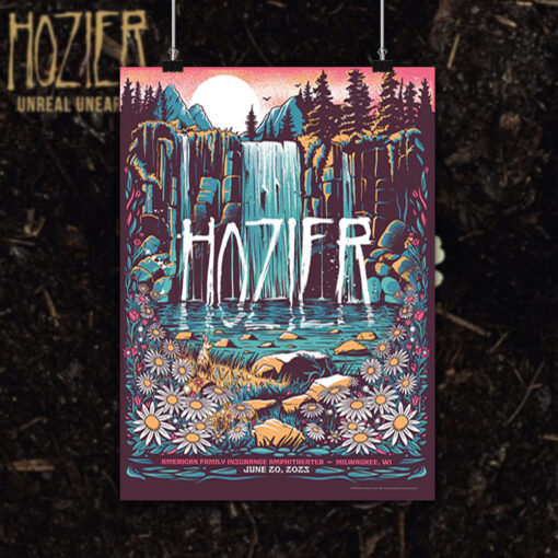 Hozier 2025 Tour Poster – June 20 Milwaukee WI – Waterfall Forest Scenic Art Print